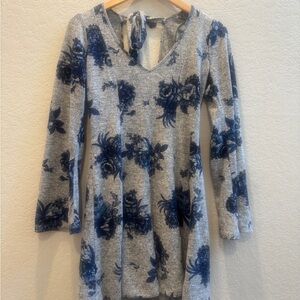 Floral Gray and Blue Long Sleeve Dress